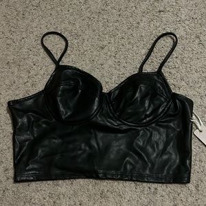 Black leather crop top. Size M. Brand NEW with tags.